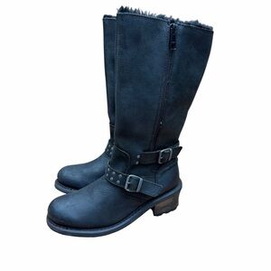 CAT women size  8.5 Black Leather Boots Heeled Biker Moto Calf Boots